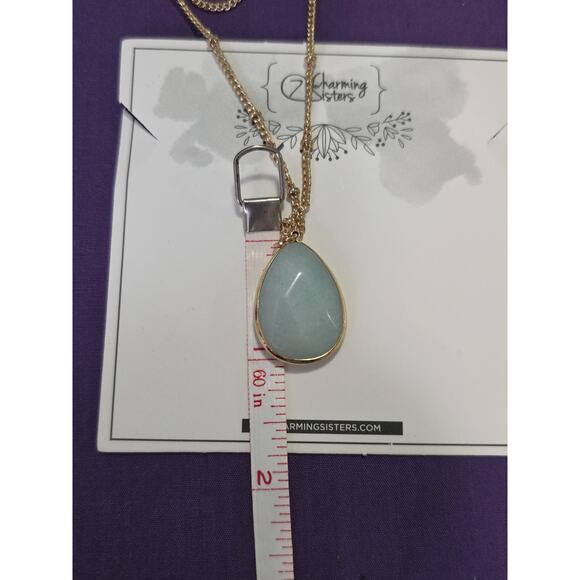 Light Blue Stone Teardrop Pendant Necklace On Gold Tone Satellite Station Chain - Picture 4 of 8